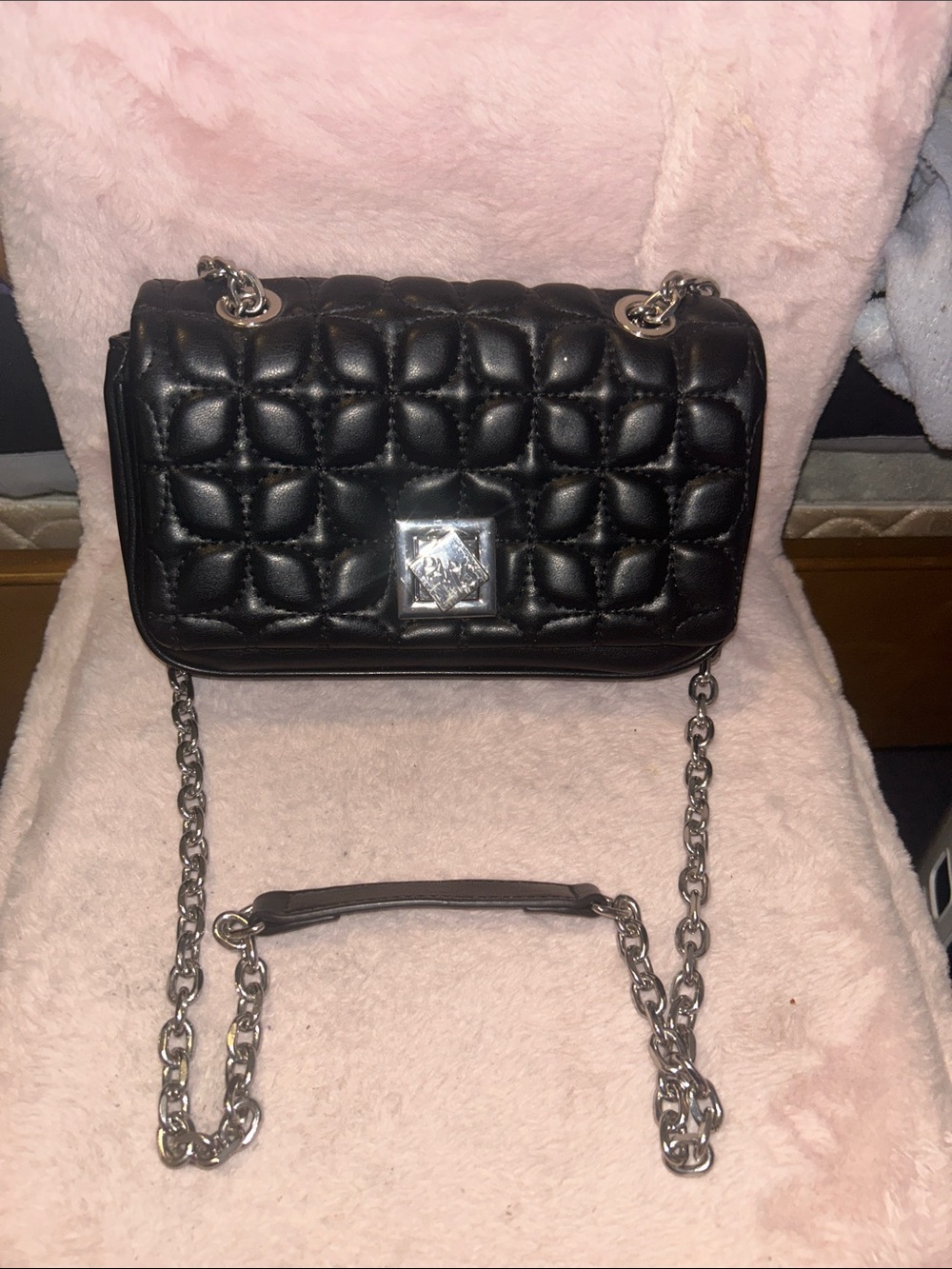 Paris Hilton Black Quilted Shoulder Bag with Silver Chain